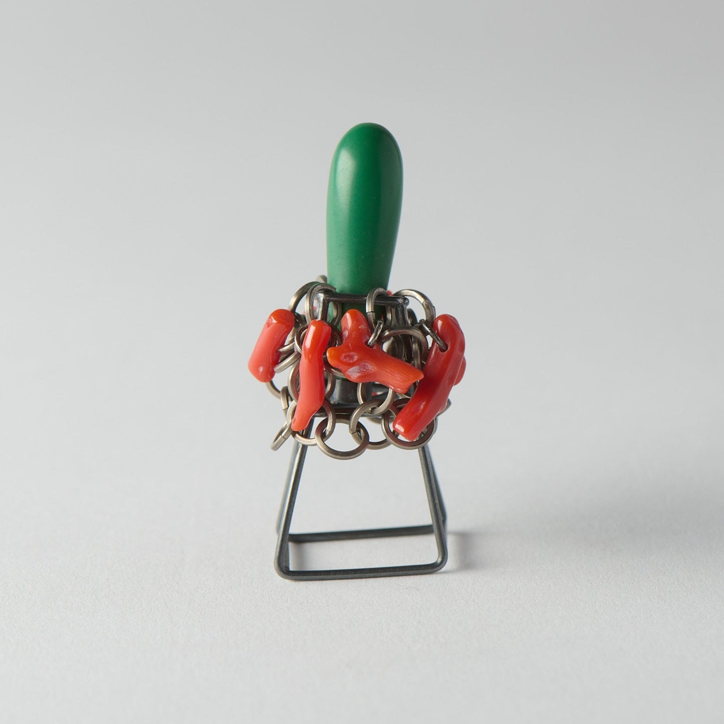 Silver ring with vintage coral & bead