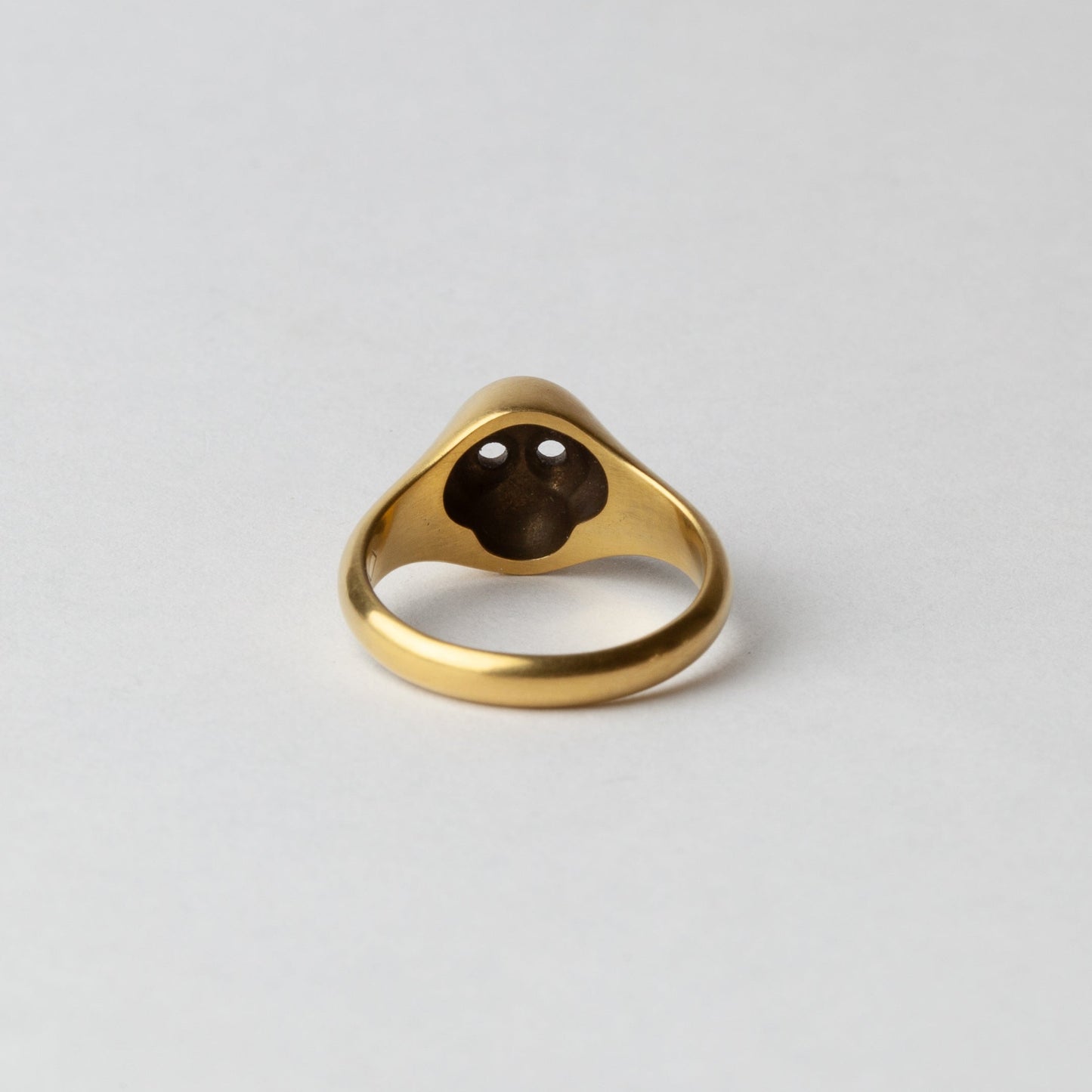 Gold ring with a dark gemstone on a light gray background
