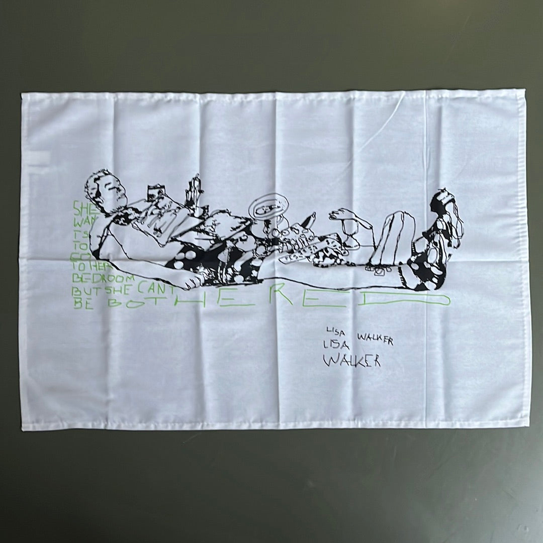 'She wants to go to her bedroom but she can't be bothered' tea towel