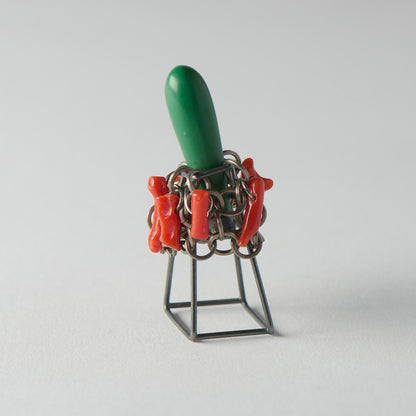 Silver ring with vintage coral & bead