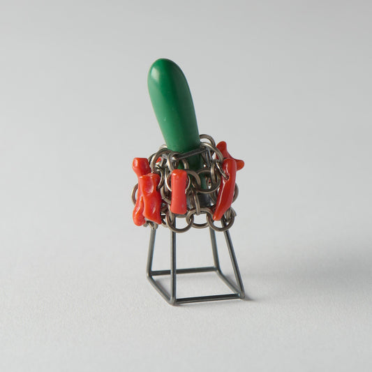 Silver ring with vintage coral & bead