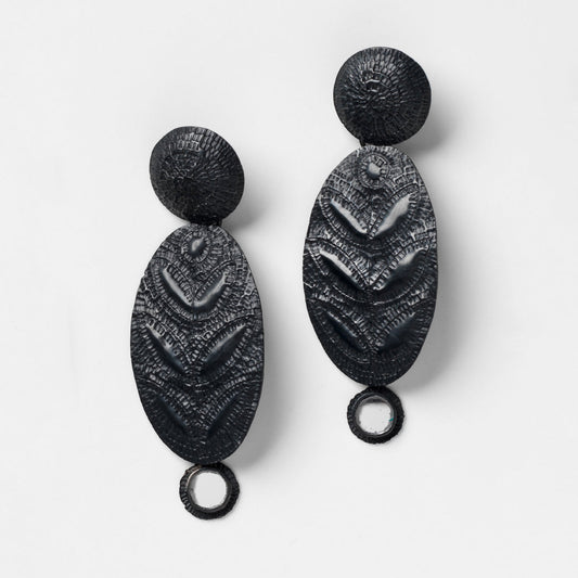 Pair of black textured earrings on a white background